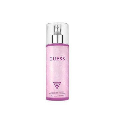 Perfumes Wholesale GUESS body mist for women, 8.4 oz, pink bottle with silver cap and logo.