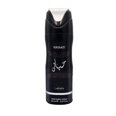 Perfumes Wholesale Lattafa Hayaati Unisex 6.6oz Perfume Spray, black bottle with silver accents and Arabic script.