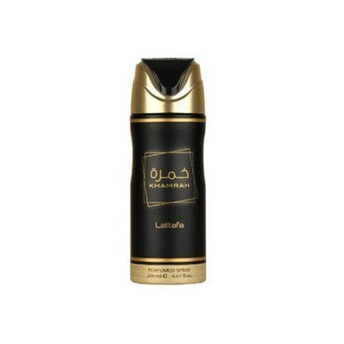 Perfumes Wholesale LATTAFA Khamrah Unisex Body Spray, 6.6 oz, Black and Gold Bottle, LATTAFA branding clearly visible.