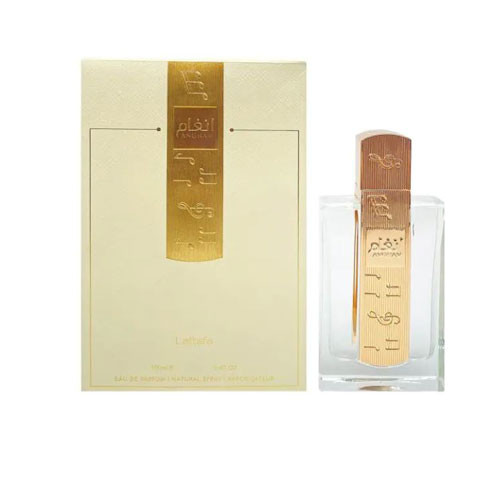Perfumes Wholesale Lattafa Angham Women 3.4 oz EDP perfume bottle and packaging, 100ml, brand Lattafa, golden brown.