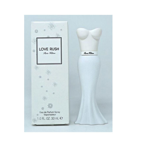 Perfumes Wholesale Paris Hilton Love Rush Women 1.0 oz EDP perfume bottle and box packaging side by side.