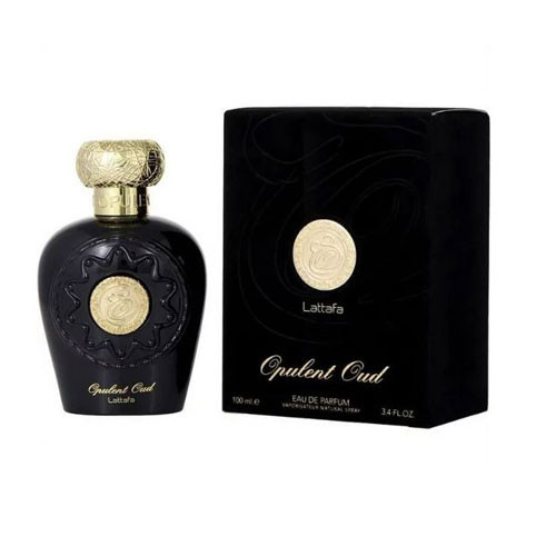 Perfumes Wholesale Lattafa Opulent Oud Unisex 3.4 oz EDP perfume bottle and box, black and gold packaging.