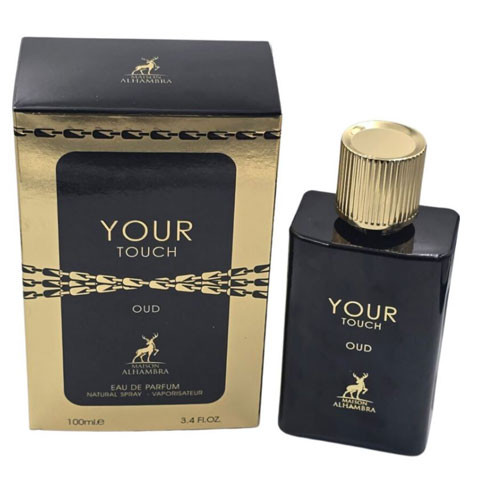 Perfumes Wholesale MAISON ALHAMBRA Your Touch Oud Unisex 3.4 EDP, 100ml, black bottle with gold cap.