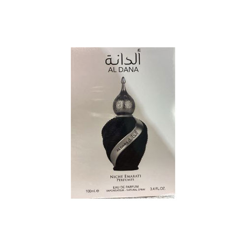 Perfumes Wholesale LATTAFA Al Dana Unisex 3.4oz EDP perfume bottle packaging with Arabic script and silver accents.