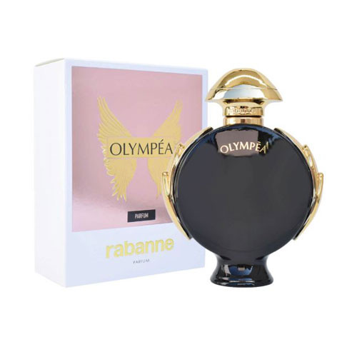 Perfumes Wholesale PACO RABANNE OLYMPEA WOMEN 2.7 OZ. PARFUM perfume bottle and box packaging 80ml gold accents.