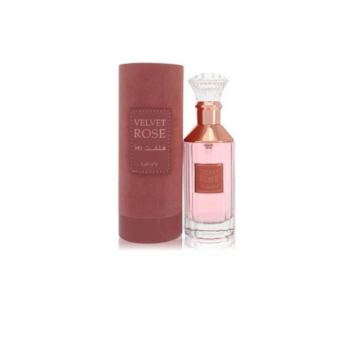 Perfumes Wholesale Lattafa Velvet Rose Unisex 3.4 oz EDP perfume bottle and box, 100ml, pink liquid, rose gold cap.