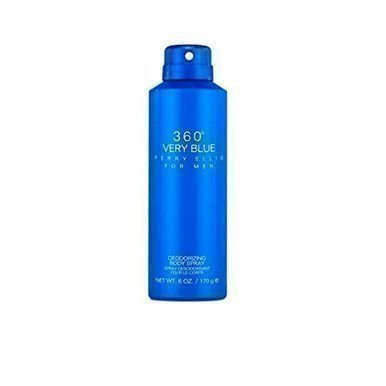 Perfumes Wholesale Perry Ellis 360 Very Blue body spray for men, 6.0 oz, blue bottle, PERRY ELLIS branding.