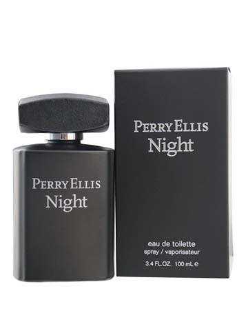 Perfumes Wholesale Perry Ellis Night Men 3.4 oz EDT Spray, 100ml, black bottle, silver cap, PERRY ELLIS branding.