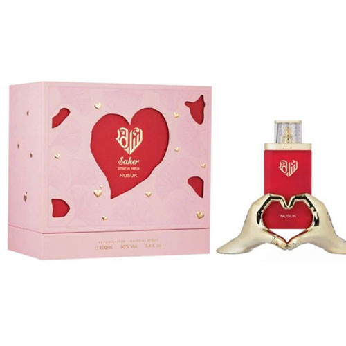 Perfumes Wholesale NUSUK Saher for Women 3.4 oz EDP perfume bottle and box, 100ml, red and gold color.