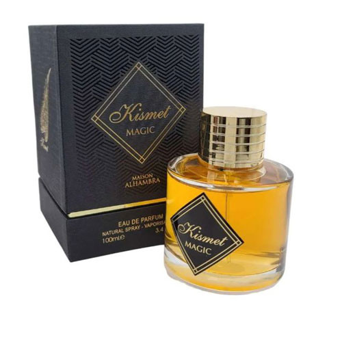 Perfumes Wholesale Maison Alhambra Kismet Magic Men 3.4oz EDP perfume bottle and box, 100ml, golden color.