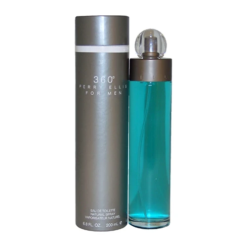 Perfumes Wholesale Perry Ellis 360 Men EDT 6.7oz 200ml blue fragrance bottle and silver cylindrical packaging.