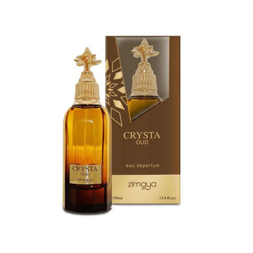 Perfumes Wholesale ZIMAYA Crysta Oud Unisex 3.4 oz EDP perfume bottle and box, 100ml, golden color.