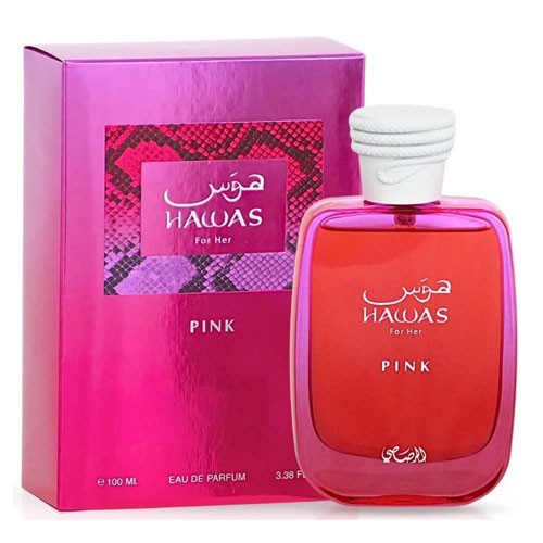 Perfumes Wholesale RASASI Hawas Pink Women 3.4 oz EDP perfume bottle and box, pink color, white cap.