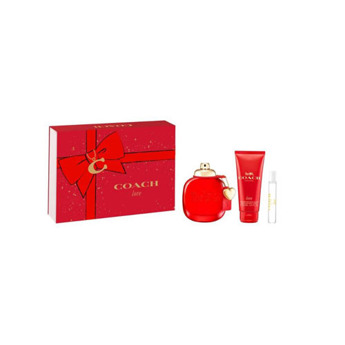 Perfumes Wholesale COACH Love Women 3-piece gift set with EDP spray, body lotion, and perfume in red packaging.