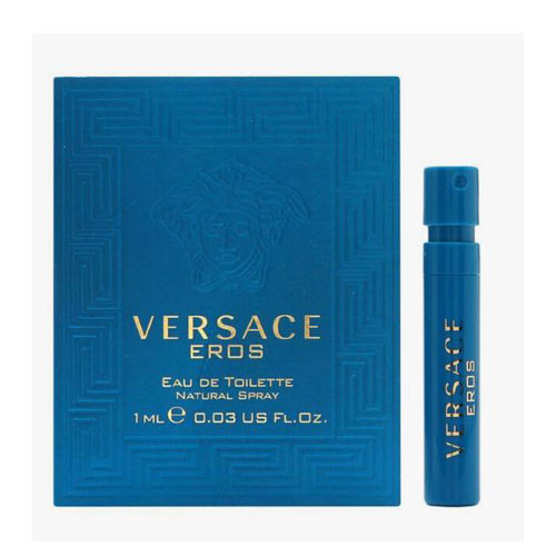 Perfumes Wholesale VERSACE EROS MEN EDT 0.03 OZ perfume bottle and packaging, blue color, VERSACE branding visible.