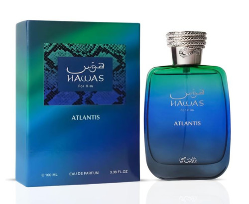 Perfumes Wholesale RASASI Hawas Atlantis Men 3.4 oz EDP perfume bottle and box, blue and green gradient color.