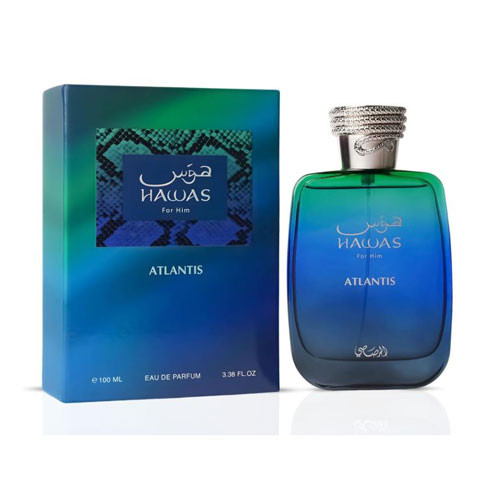 Perfumes Wholesale RASASI Hawas Atlantis Men 3.4oz EDP perfume bottle and box, green blue gradient, silver cap.