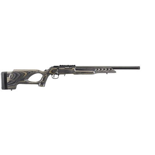 Ruger American Rimfire Target 8360 rifle showing right side profile view of satin blued receiver, heavy bull barrel, and black laminate thumbhole stock