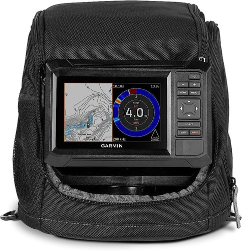 Garmin ECHOMAP UHD2 55cv ice fishing bundle inside portable shelter