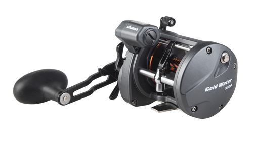 Front angle view of Okuma Cold Water A line counter reel with metallic frame and level wind system