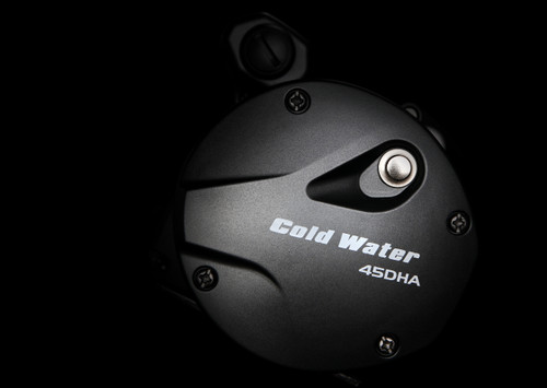 Side view of the frame construction and ergonomic power handle on the Okuma Coldwater A 45 size reel.