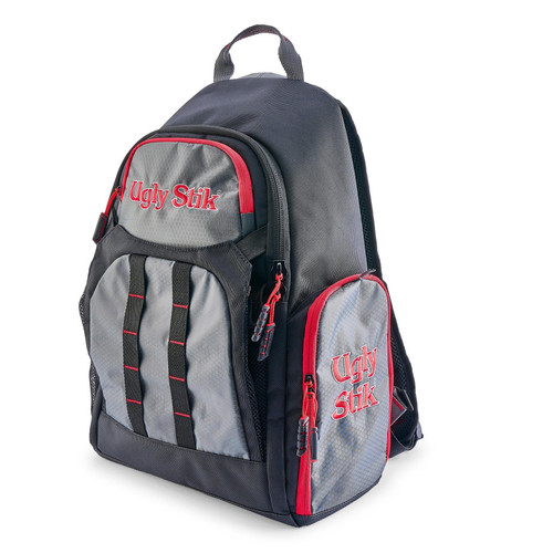 Straight front view of the Ugly Stik 3700 fishing backpack showcasing the embroidered red brand logo and horizontal gear attachment webbing.