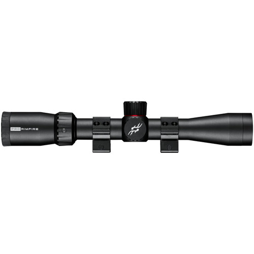 Horizontal right side profile view of a matte black Simmons 3-9x32mm rimfire riflescope on a solid white background