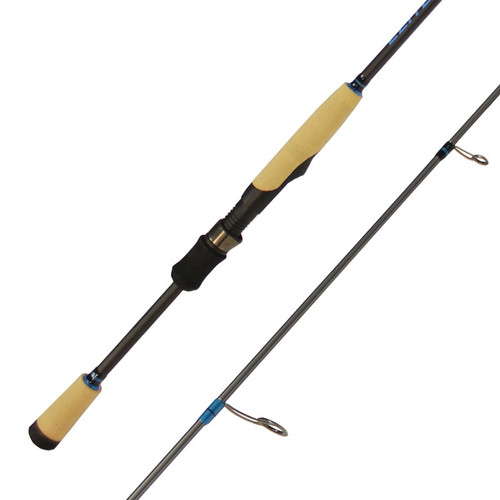 Diagonal view of a Fenwick Elite spinning fishing rod showing a cork and black split grip handle and blue guide wraps.