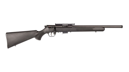 Full profile view of a black Savage Arms 93R17 FV-SR bolt-action rimfire rifle featuring a heavy threaded barrel.