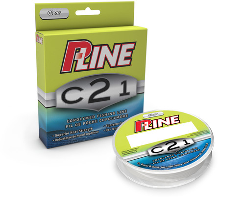 Studio shot of a clear spool of P-Line C21 copolymer fishing line resting beside its bright green retail box