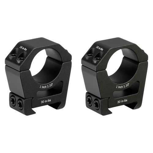 A pair of black Vortex Sport 1-inch high riflescope rings positioned together from a front-three-quarter angle