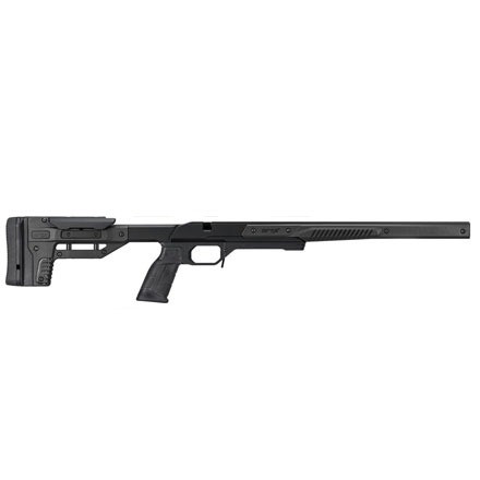 Profile view of a black MDT Oryx tactical rifle chassis system designed for the Howa Mini action featuring an integrated pistol grip, adjustable buttstock cheek riser, and M-LOK forend slots isolated on a white background