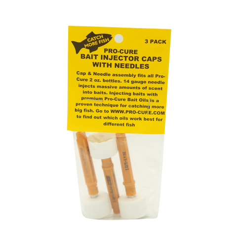 A retail three pack of yellow Pro-Cure Bait Injector Caps with Needles featuring three orange-capped 14 gauge needles inside clear plastic packaging with a bright yellow card top