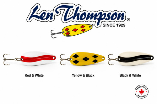 Group lineup of Len Thompson Original Series fishing spoons in Red & White, Black & White  and Yellow & Black color patterns