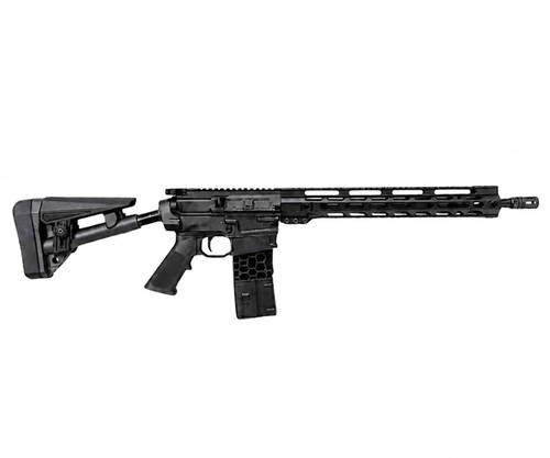 Right side view of a black tactical semi-automatic rifle with a honeycomb pattern magazine on a white background