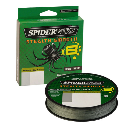 Three-quarter view of a dark green spool of SpiderWire Stealth Smooth braided fishing line resting beside its box