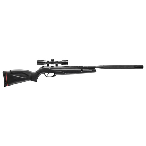 Low angle view of a black tactical air rifle with a scope, positioned diagonally on a plain white background