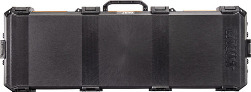 Flat front view of a closed black Pelican V800 Vault long gun equipment case with heavy duty carry handles.