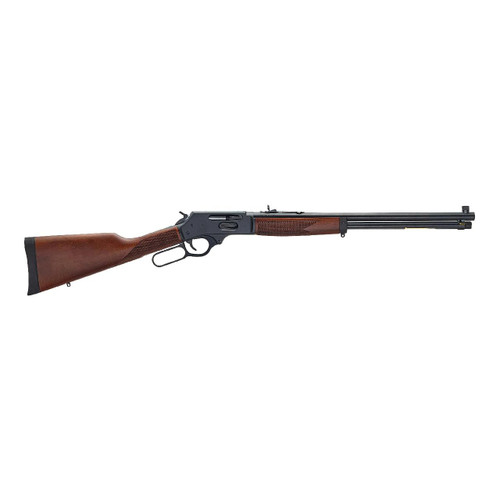 Right profile view of a Henry lever-action rifle chambered in .30-30 Win showcasing the classic wood stock design.