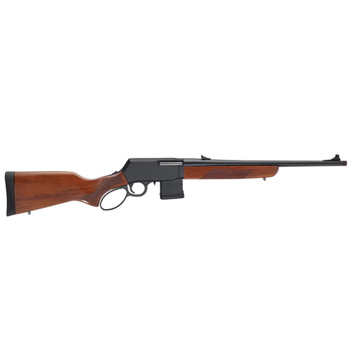 Right profile view of a Henry Supreme lever-action rifle displaying the right-side ejection port, black tactical-style magwell, and smooth wood forearm.