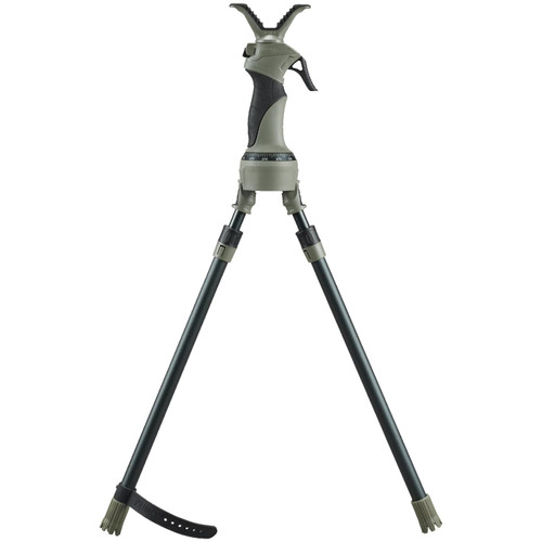 An isolated studio shot of the Primos Trigger Stick Gen 3 Tall Bipod standing on a black background. Features an olive drab green and black ergonomic handle grip with an integrated pull trigger, a rubberized top V-yoke, two adjustable dark gray aluminum legs, and textured rubber feet.