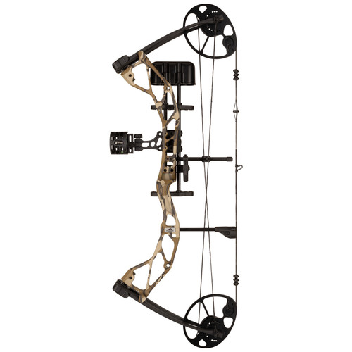 Full vertical view of a right-handed Diamond Radian compound bow package configured in Mossy Oak Bottomland camouflage. Shows the complete setup with dual cams, bowstrings, mounted multi-pin sight, brush arrow rest, split limbs, and attached arrow quiver.