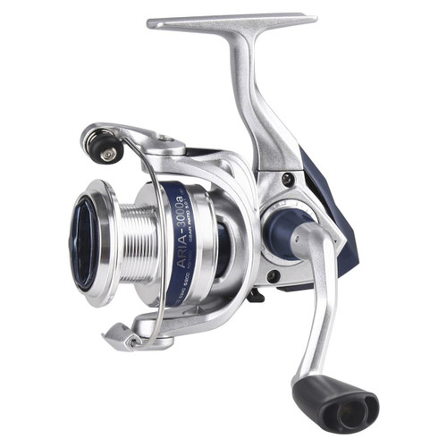 Side profile product view of an Okuma Aria 3000a spinning fishing reel isolated against a white background. Features a metallic silver graphite frame structure, a deep blue aluminum spool clearly printed with the model text "ARIA-3000a" and a "GEAR RATIO 5.0:1" indicator, an open silver wire bail, and an adjustable silver handle arm finished with an ergonomic black rubber paddle knob.