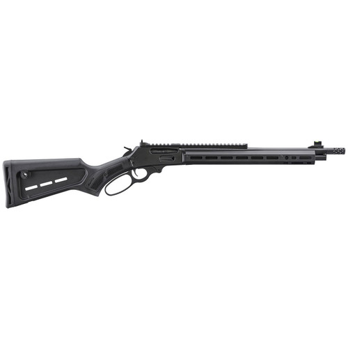 An angled product shot from the right side of a Marlin Model 336 Dark Series tactical lever-action rifle over a plain white backdrop. Displays the rifle pointing left, showcasing its matte black receiver, flat-top scope rail, an M-LOK handguard protecting the barrel, a fiber-optic front sight post, and a black synthetic stock.