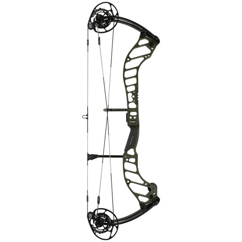 Full vertical front view of a right-handed Bowtech Ascend compound bow finished in a matte forest green color, isolated on a white background. Shows the skeletonized aluminum riser design, a black grip wrap labeled "ASCEND," a straight carbon string stop rod, dual synchronization cams, and tight bowstrings with a d-loop.