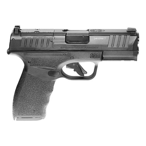 Horizontal right-side profile view of the Air Venturi Springfield Armory Hellcat CO2 BB pistol over a white backdrop. Displays the ejection port section, a laser-engraved serial number on the slide, slide cocking serrations, the Springfield Armory brand text on the frame, and a textured polymer grip handle.
