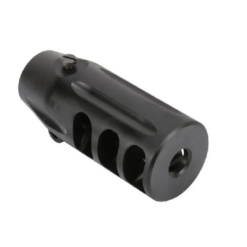 An angled front perspective studio shot of a matte black Sako and Tikka muzzle brake, isolated on a plain white background. The cylindrical muzzle device features three large horizontal port openings along the side, external fluting accents across the top housing surface, a central bullet exit aperture on the flat front face, and a small timing adjustment screw near the rear threaded collar.