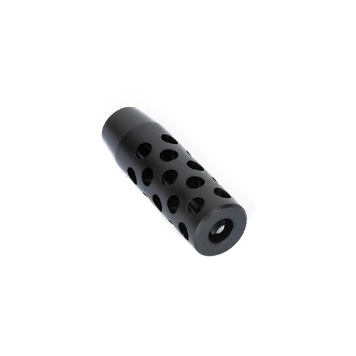 An angled front perspective studio shot of a matte black Sako and Tikka muzzle brake, isolated on a plain white background. The cylindrical muzzle device features three large horizontal port openings along the side, external fluting accents across the top housing surface, a central bullet exit aperture on the flat front face, and a small timing adjustment screw near the rear threaded collar.