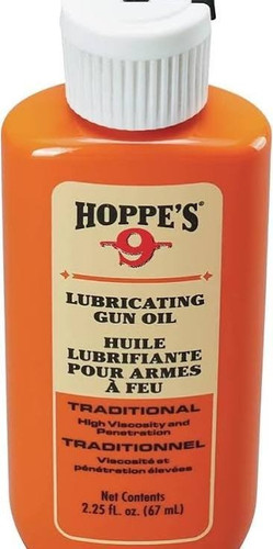 Front profile view of an orange plastic bottle of Hoppe's No. 9 Lubricating Gun Oil with a white cap on a clean white background