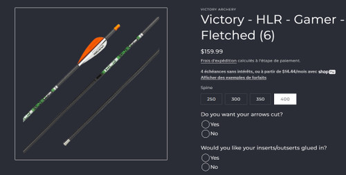 E-commerce product page showing Victory HLR Gamer fletched arrows with selection options on a dark background